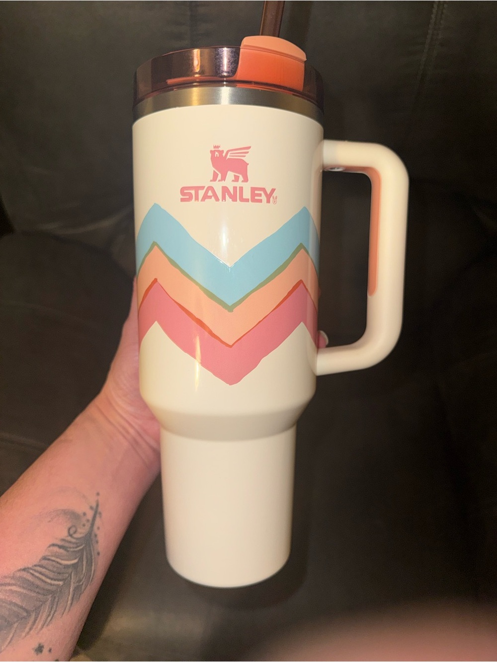 Stanley White Travel Mug with Pink, Blue and Peach Chevron Accents